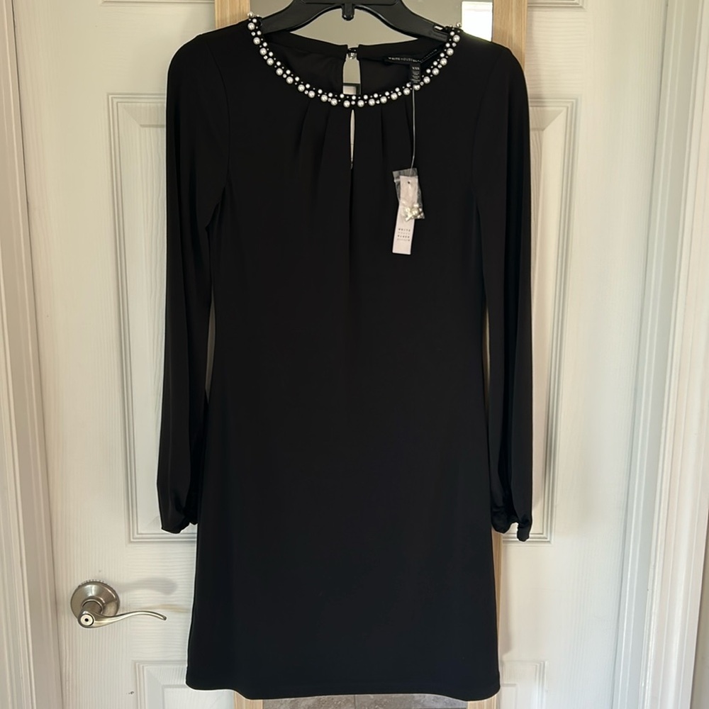 WHITE HOUSE BLACK MARKET LONG SLEEVE DRESS PEARL/CRYSTAL NECKLINE SZ XXS NWT